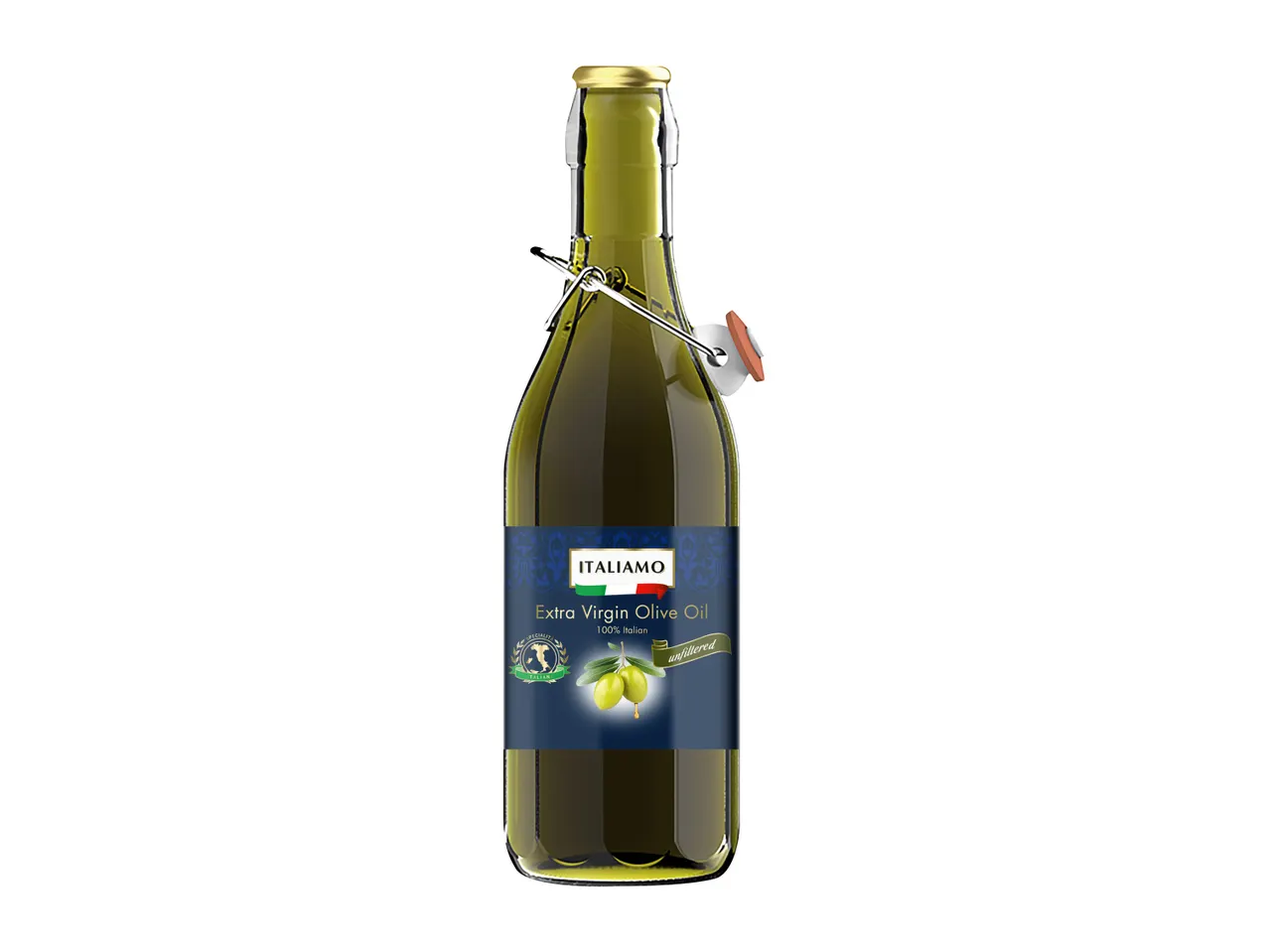 A bottle of Italian Extra Virgin Olive Oil with a blue label featuring olives.