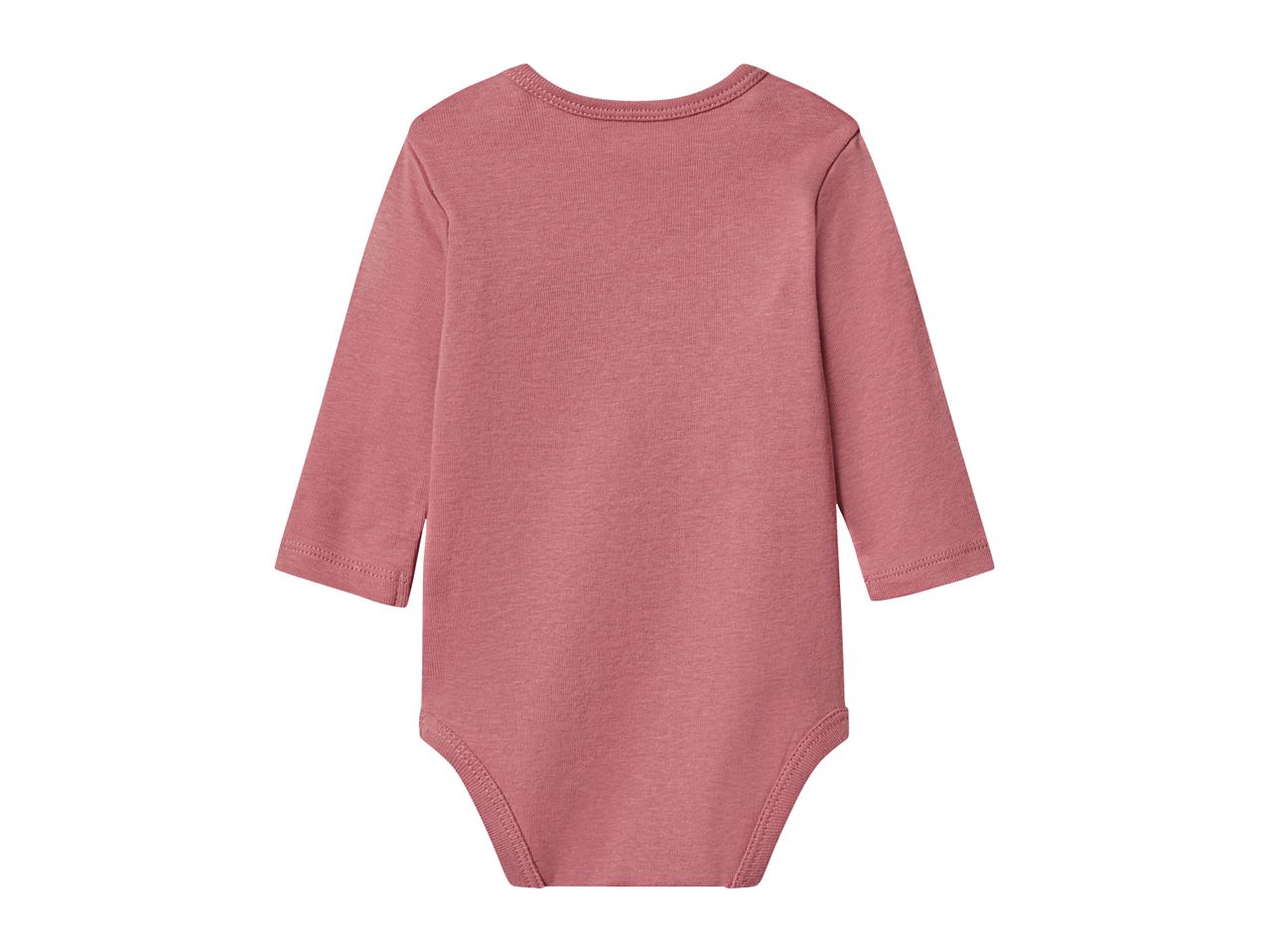 Back view of a long-sleeved baby bodysuit in a dusty rose color.
