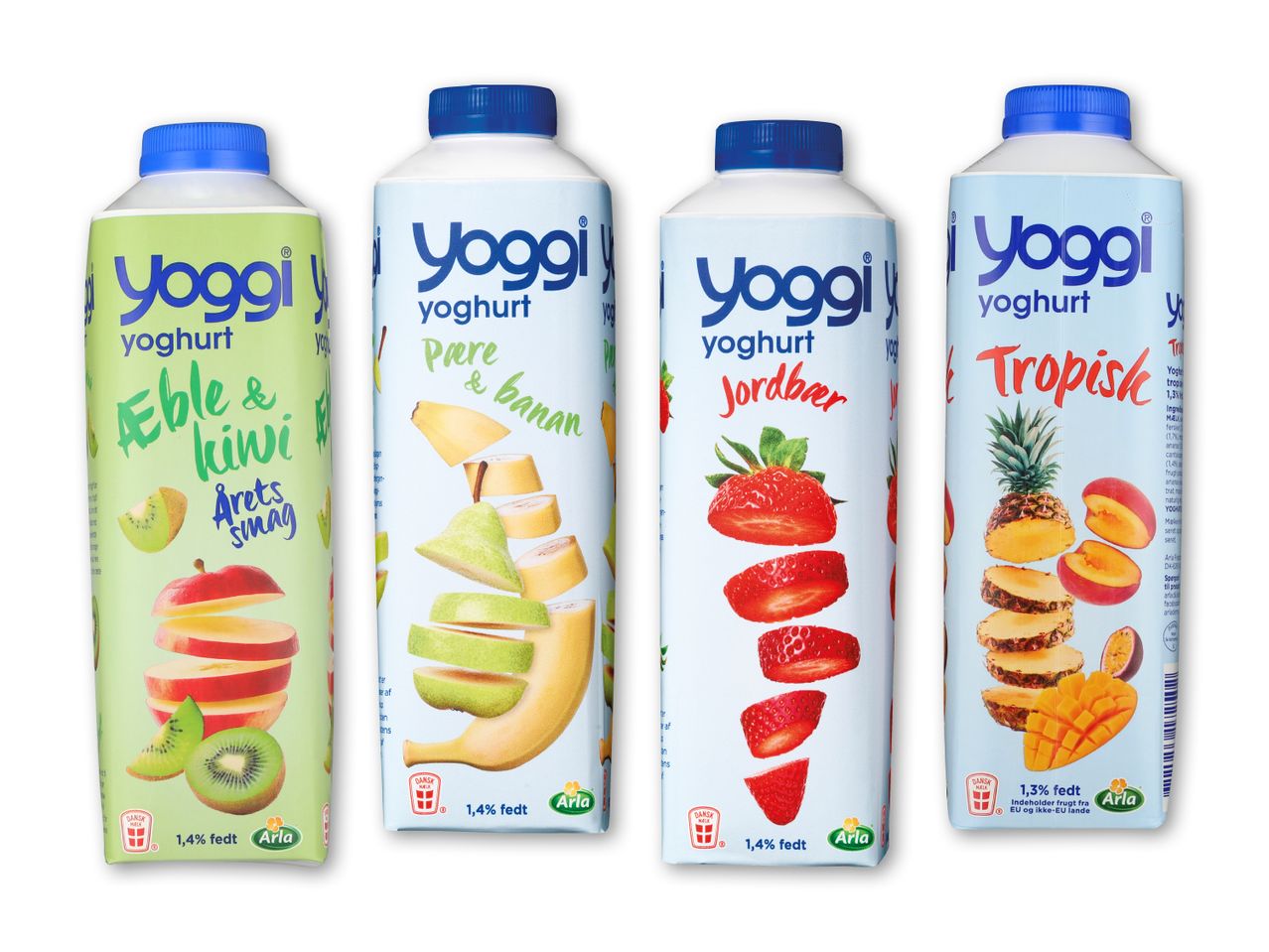 Fire yoghurtflasker med smag af æble & kiwi, pære & banan, jordbær og tropiske frugter.