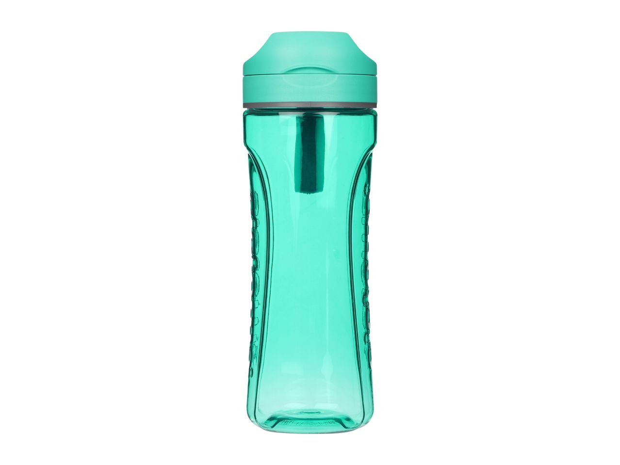 Green transparent water bottle with a light green cap and a built-in filter.