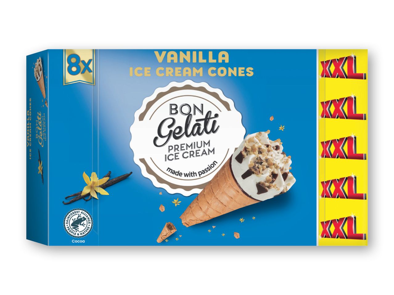 Bon Gelati vanilje isvafler i en blå æske.