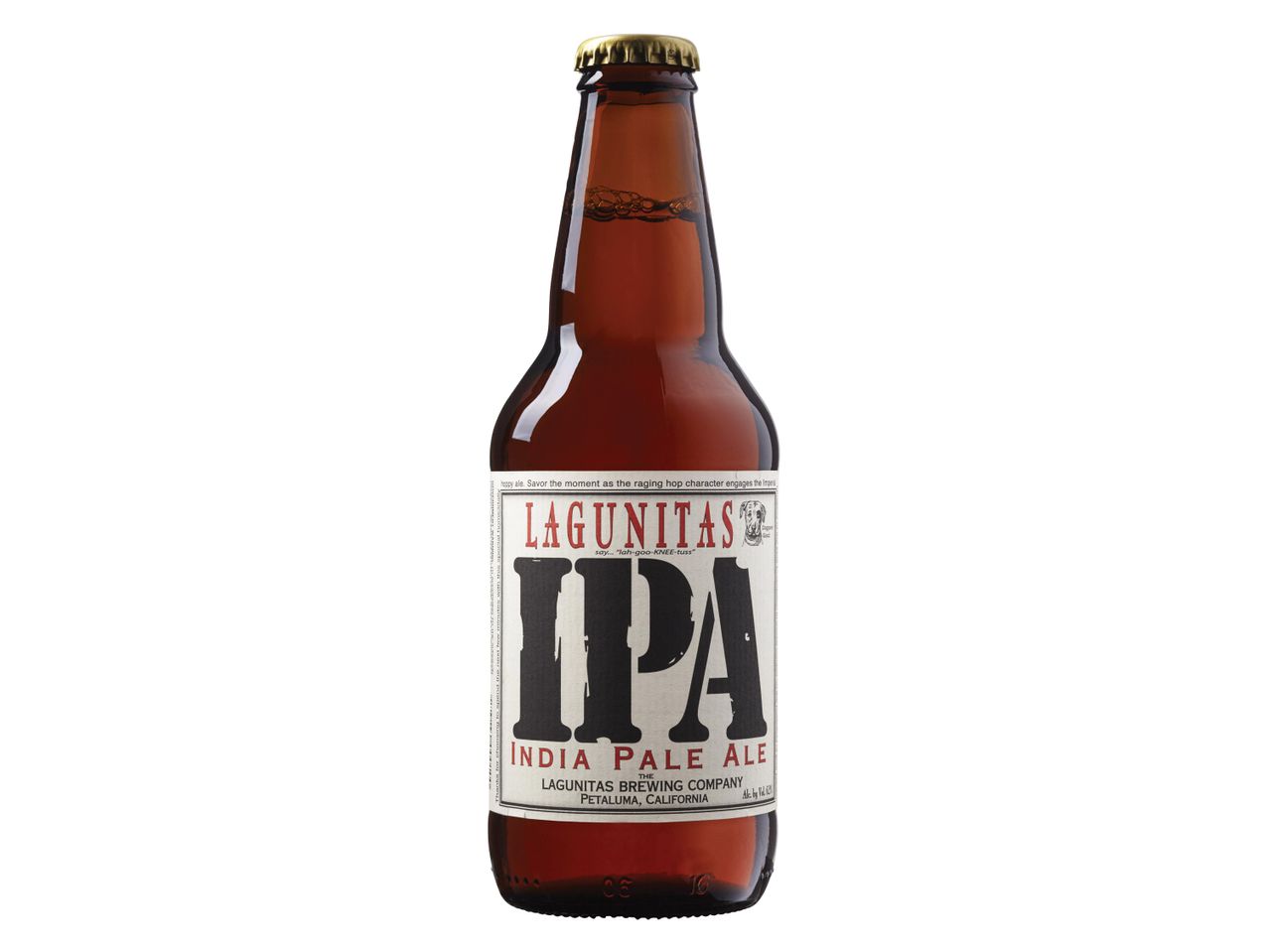 Μπουκάλι μπύρας IPA με ετικέτα που αναγράφει «INDIA PALE ALE» και «LAGUNITAS».