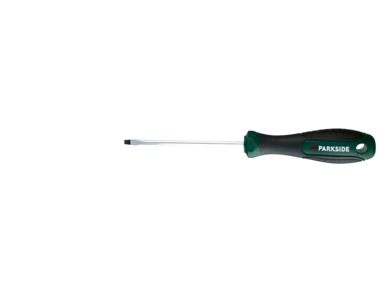 Parkside flathead screwdriver with a black and green handle