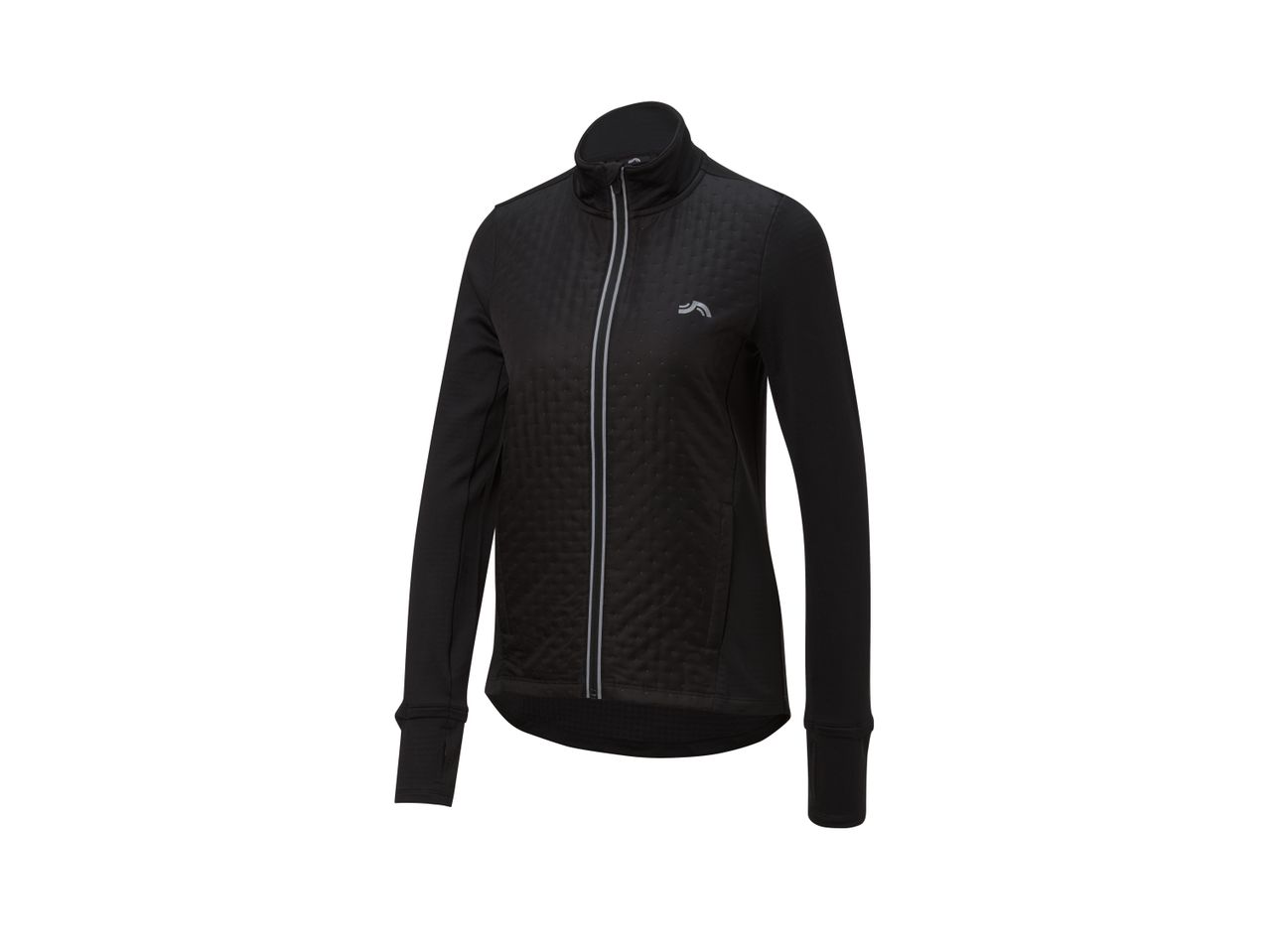 Black Crivit PRO women's running jacket with quilted front and reflective details.