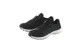 Pair of black athletic shoes with white soles.