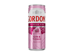 Een roze blikje gin-tonic met bessen en bladeren, met de tekst 'Premium Pink Gin & Tonic, Perfectly Mixed'.