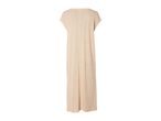 Back view of a long, loose-fitting beige dress with short sleeves.