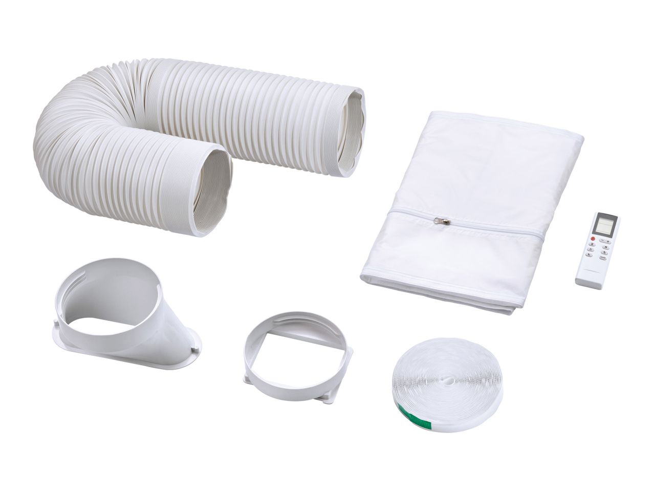 White plastic dryer vent kit with elbow, filter, and various connectors.
