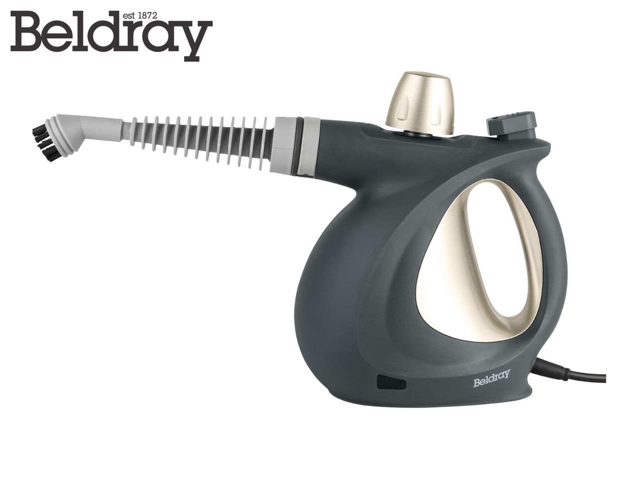 Dark grey handheld steam cleaner with a gold-colored handle and nozzle, with a brush attachment.