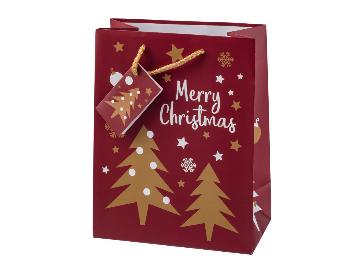 Red Christmas gift bag with gold Christmas trees, stars, snowflakes, and 'Merry Christmas' text.