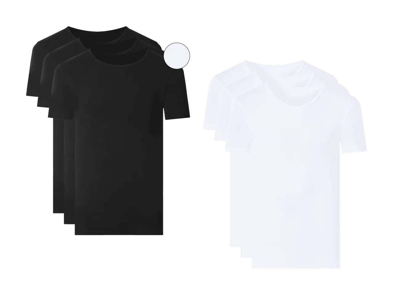 Lot de trois t-shirts noirs et trois t-shirts blancs à col rond.