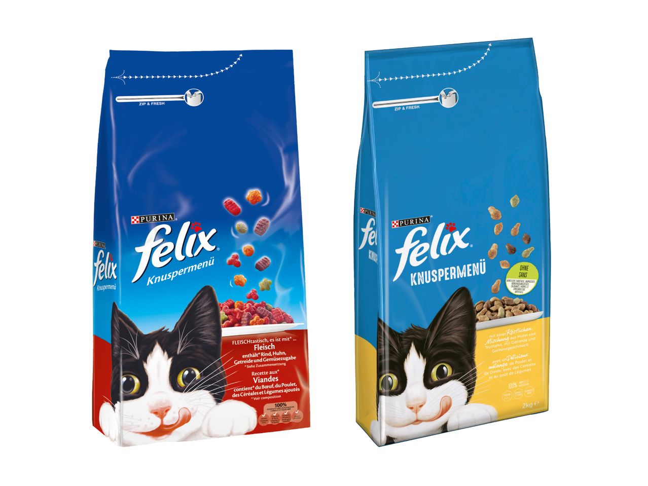 Deux paquets de nourriture pour chats Felix, l'un rouge et l'autre jaune.