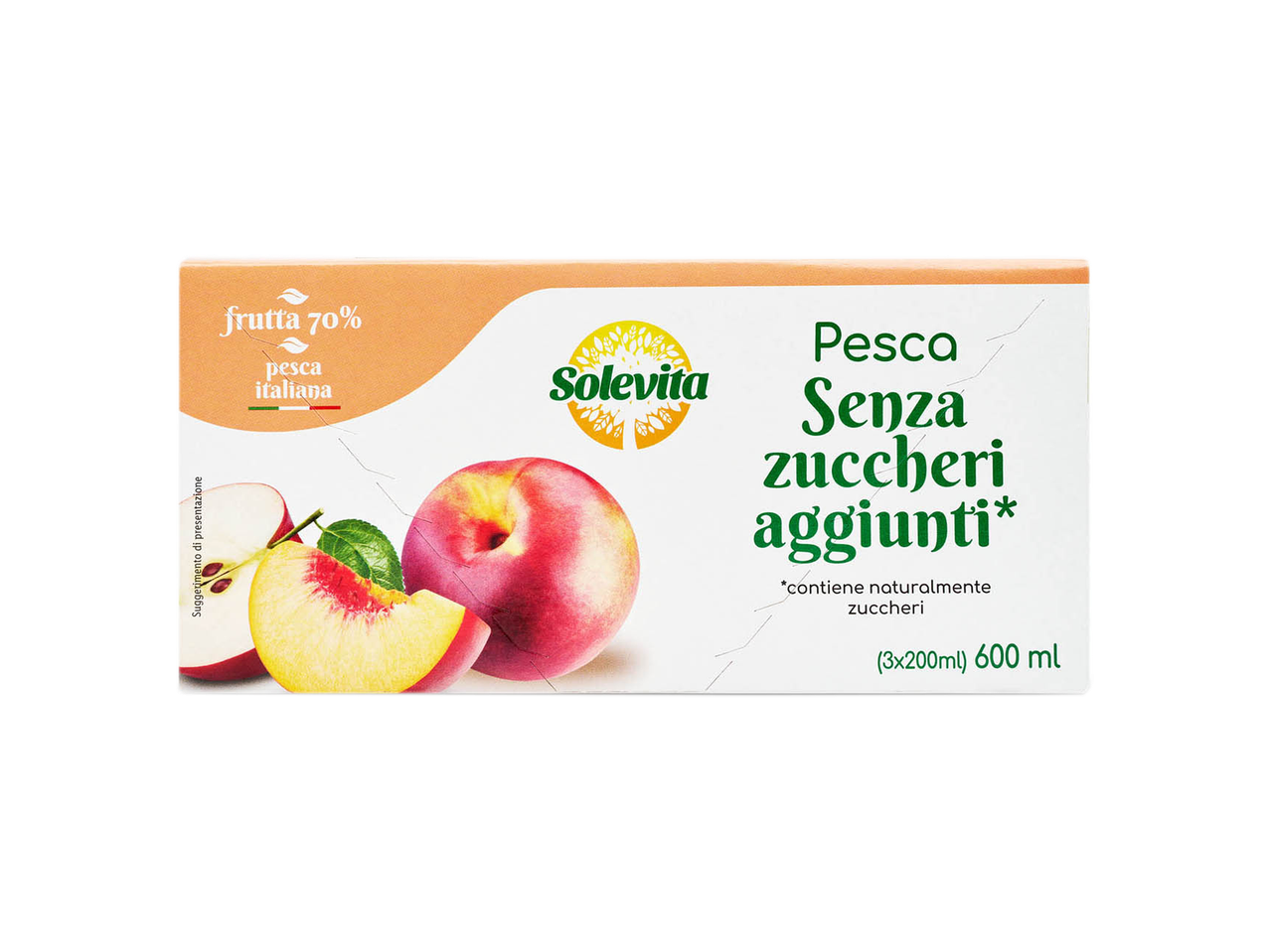 Solevita peach juice box, 70% fruit, no added sugar, 600ml.