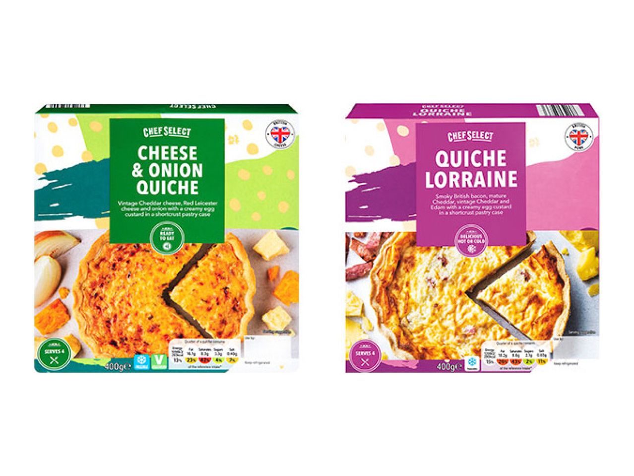 Two quiches, one cheese & onion and one Quiche Lorraine, in their packaging.