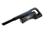 Cordless handheld vacuum cleaner with a dark blue and black body, clear dustbin, and a 24V 2.5Ah battery.
