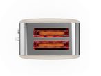 A beige and silver two-slice toaster.