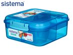 Blue bento lunch box with multiple compartments, including a small container, filled with food.