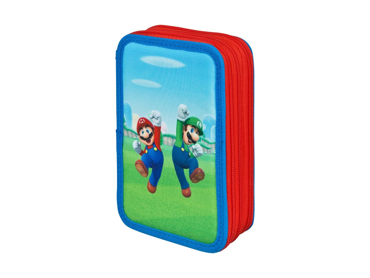 Red and blue pencil case with a print of two cartoon characters jumping.