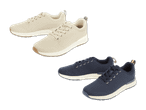 Beige und dunkelblaue Strick-Sneaker mit weißen Sohlen.