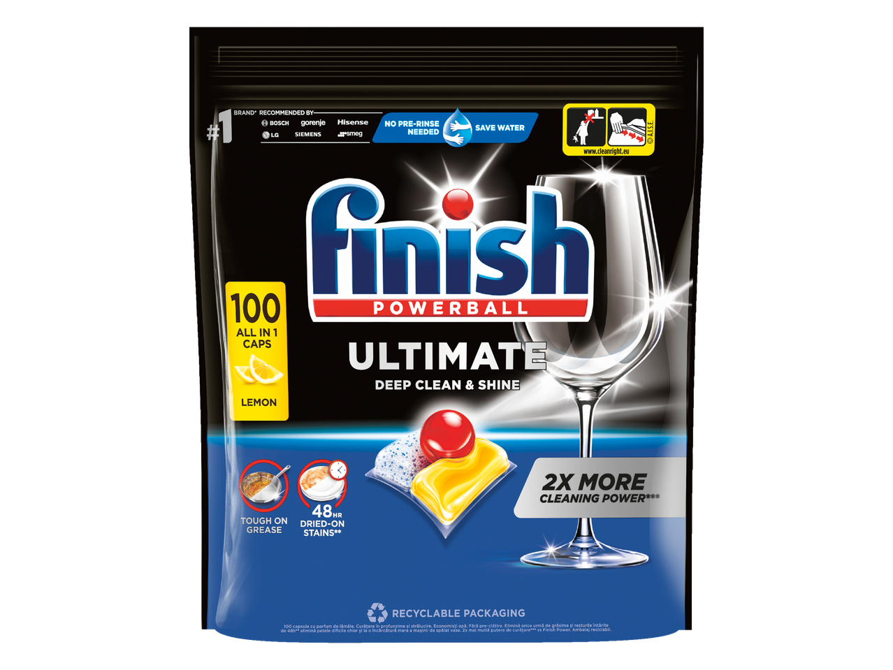 Пакет с 100 капсули за съдомиялна машина с аромат на лимон, обещаващи дълбоко почистване и блясък.