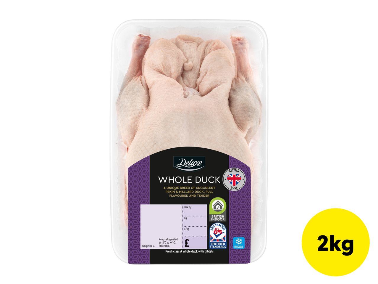 Packaged whole duck with a label indicating it's a British indoor duck, freezable, and weighs 2kg.
