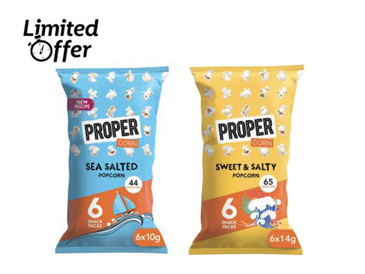 Two bags of Proper Corn popcorn, one sea salted and one sweet & salty, with a 'Limited Offer' label.