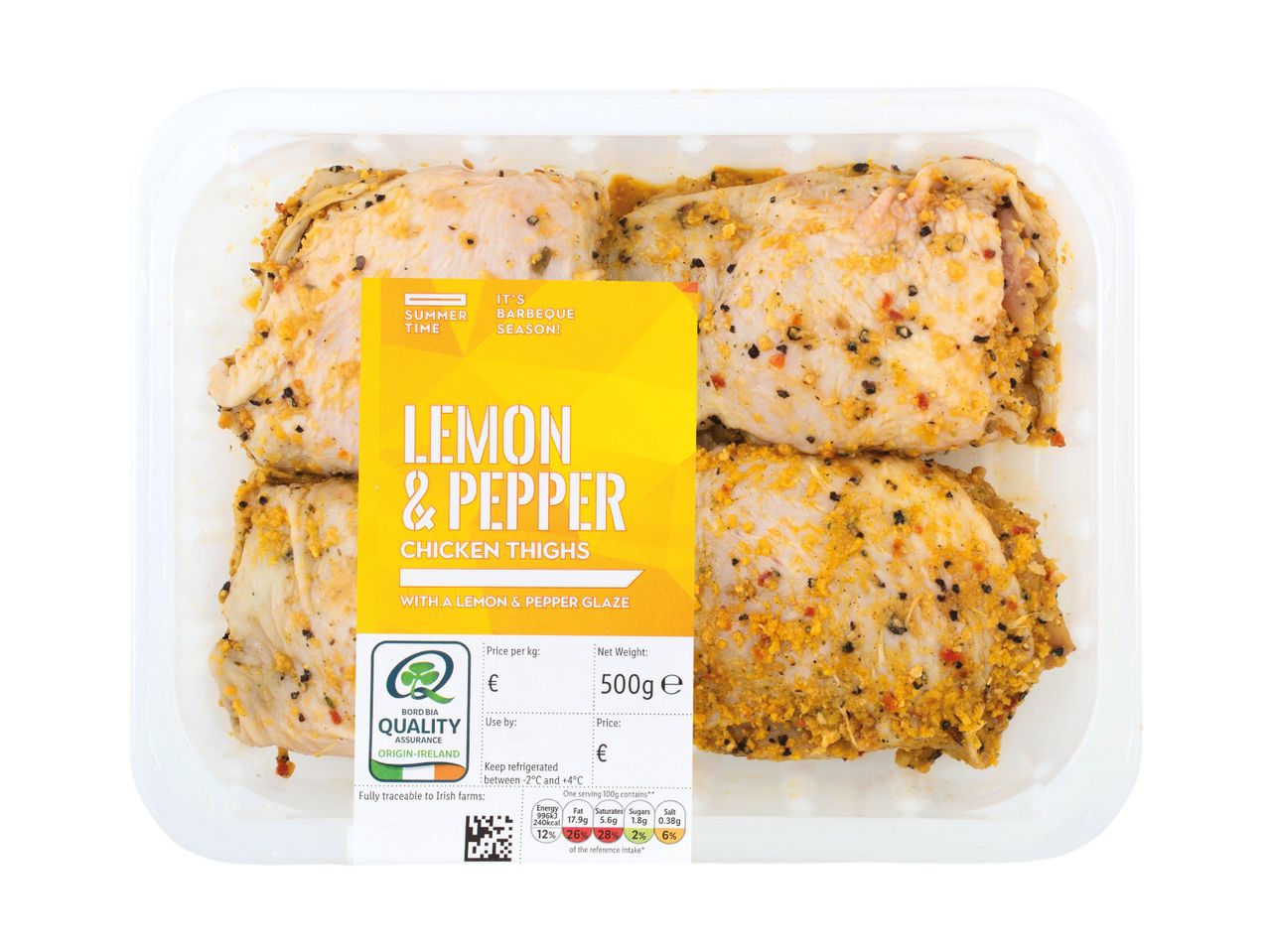 Lemon & Pepper Chicken Thighs in a 500g package, with a 'Summer Time, It's Barbeque Season!' label.
