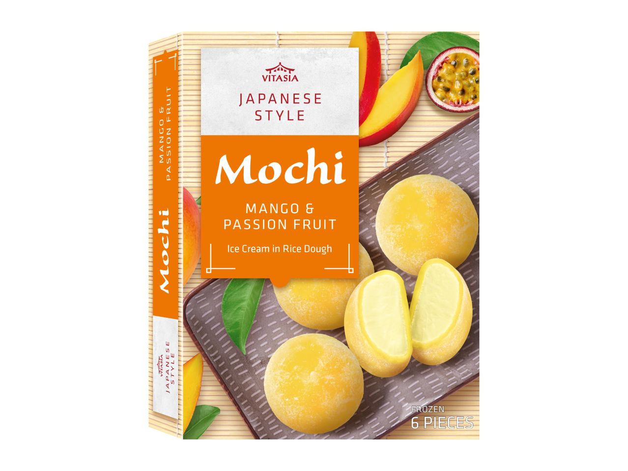 Japanese style mochi ice cream with mango and passion fruit, 6 pieces, frozen.