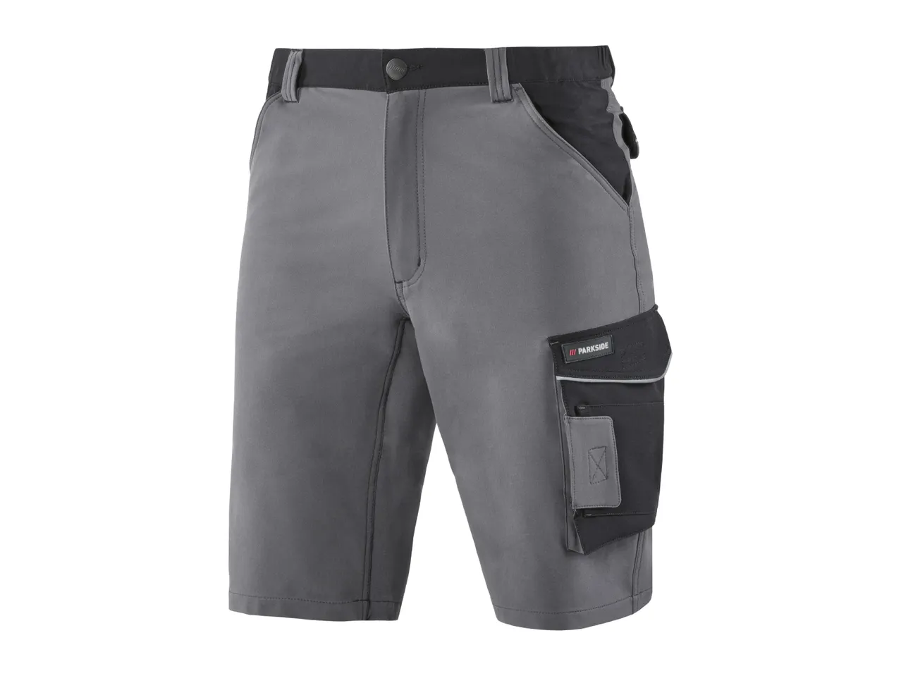 Men's grey and black work shorts with multiple pockets and reflective details.