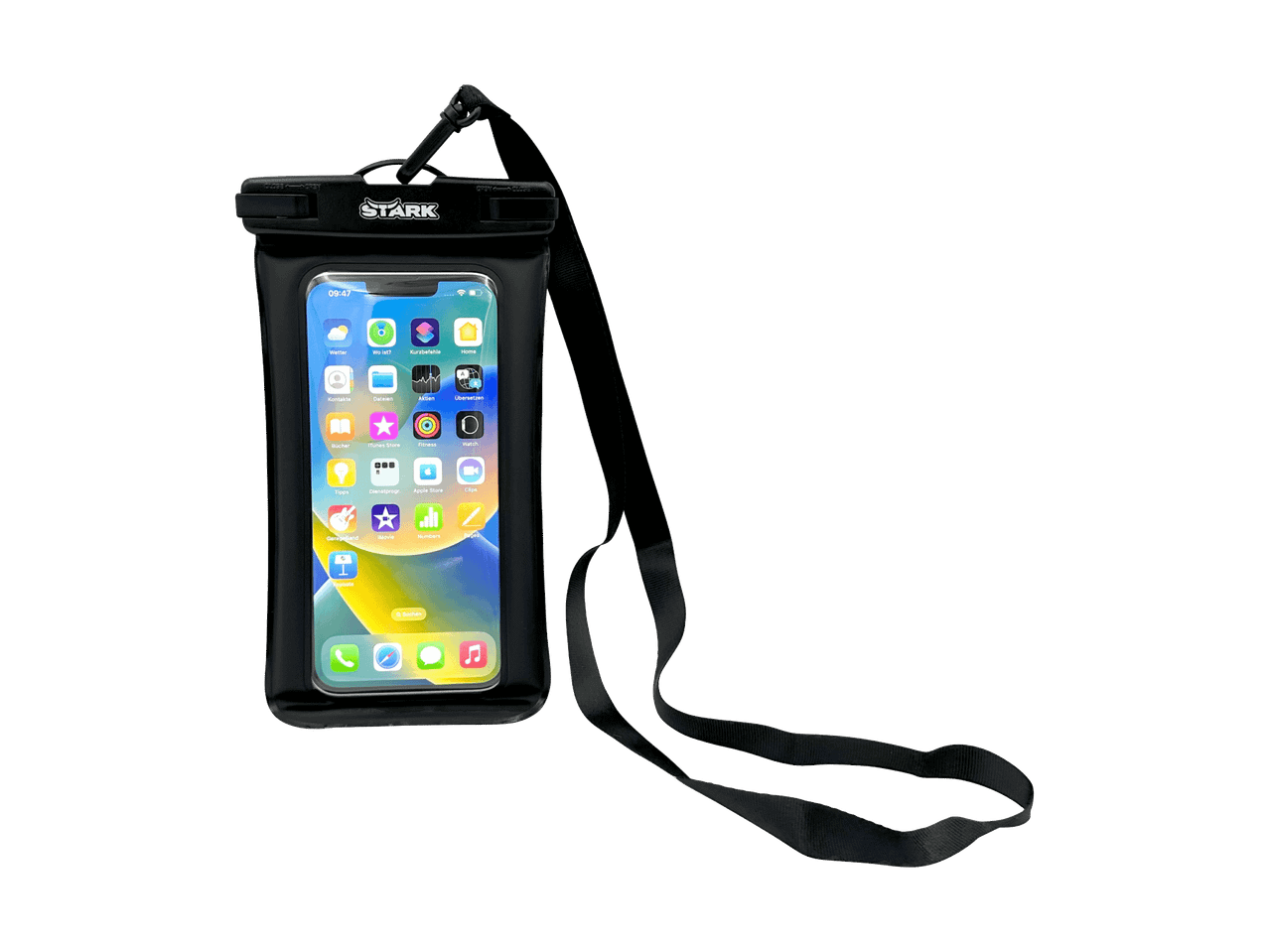 Wasserdichte Handytasche mit Smartphone und Apps auf dem Display