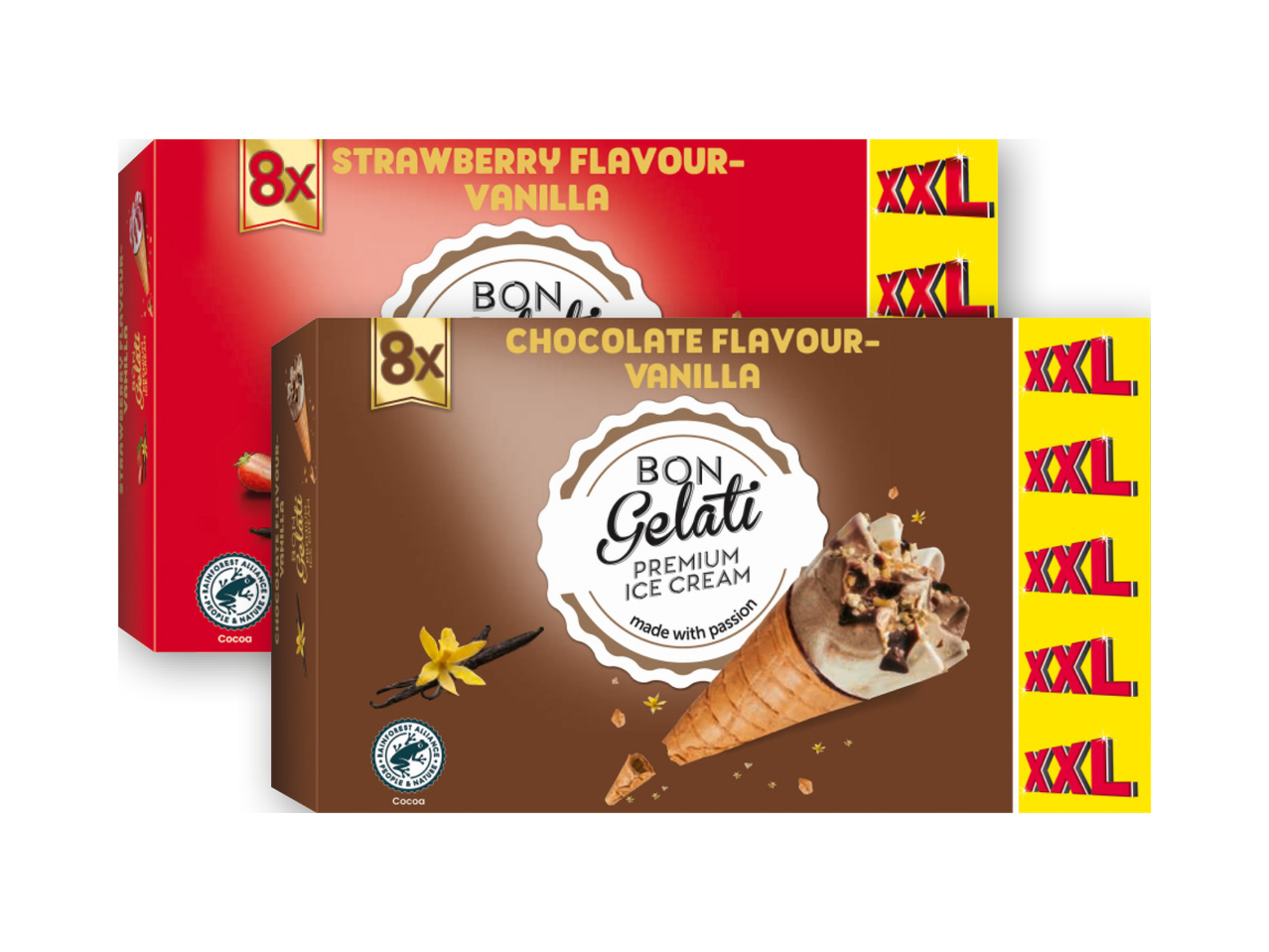 Confezioni di gelato Bon Gelati gusto fragola e cioccolato, formato XXL.