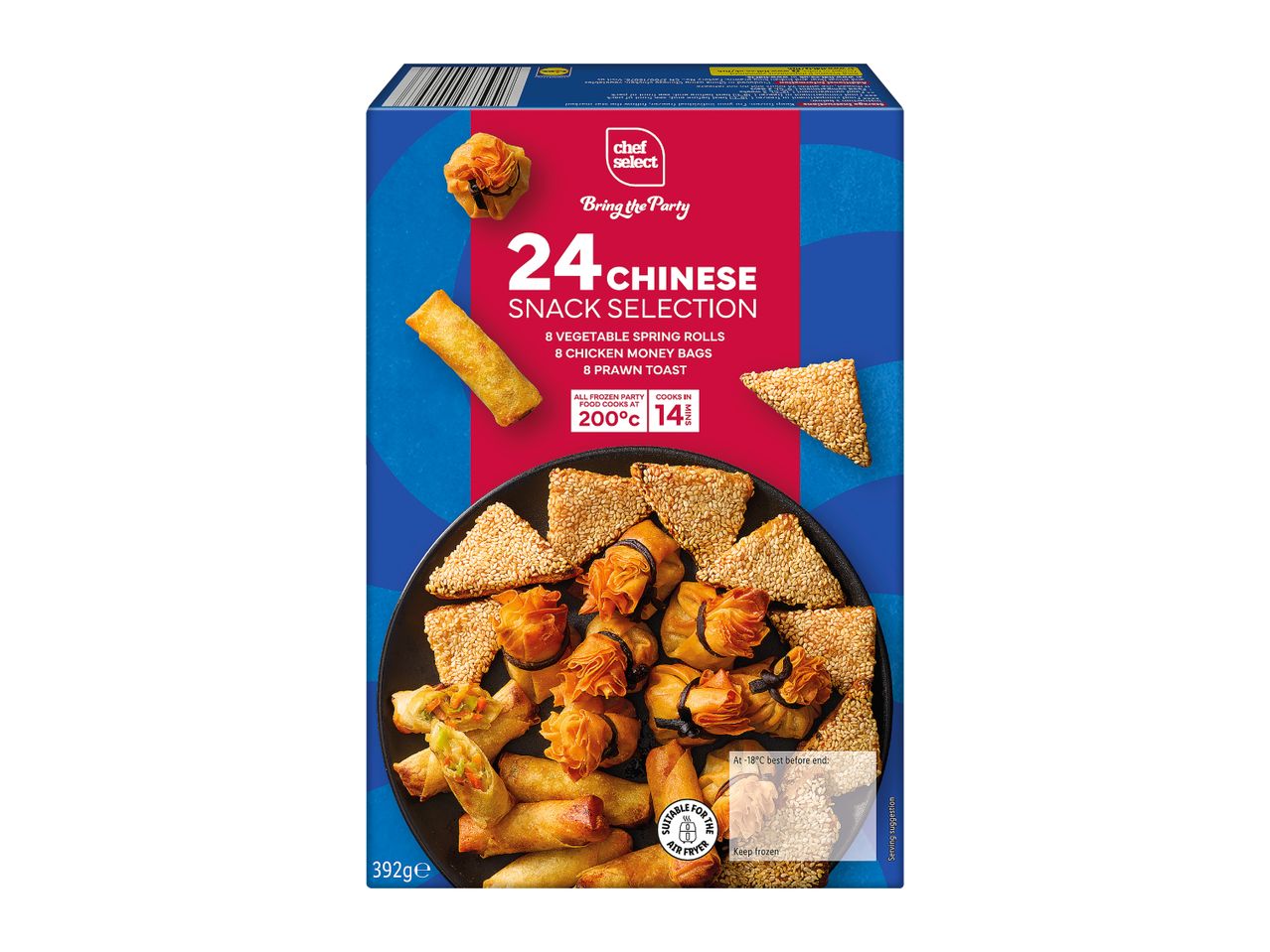 A box of 24 Chinese Snack Selection including spring rolls, money bags and prawn toast.