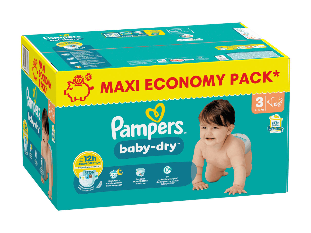 Pampers Baby-Dry Windelpackung mit krabbelndem Baby und Details zu den Eigenschaften.