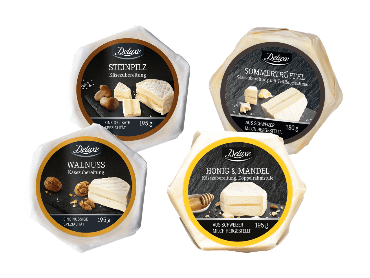 Vier Käsezubereitungen: Steinpilz, Sommertrüffel, Walnuss und Honig & Mandel.