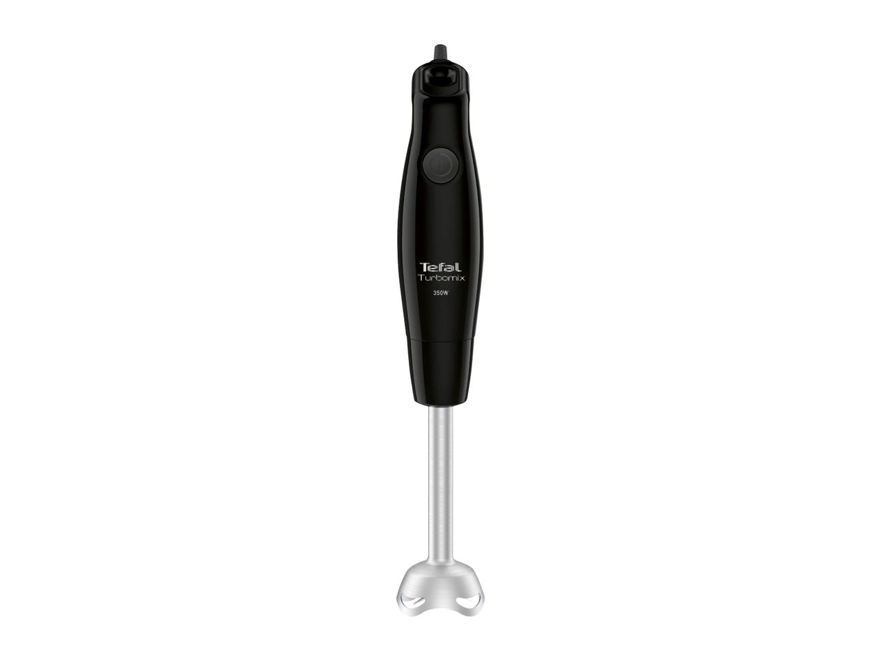 A black immersion blender with a silver blending shaft and a single button on the handle.