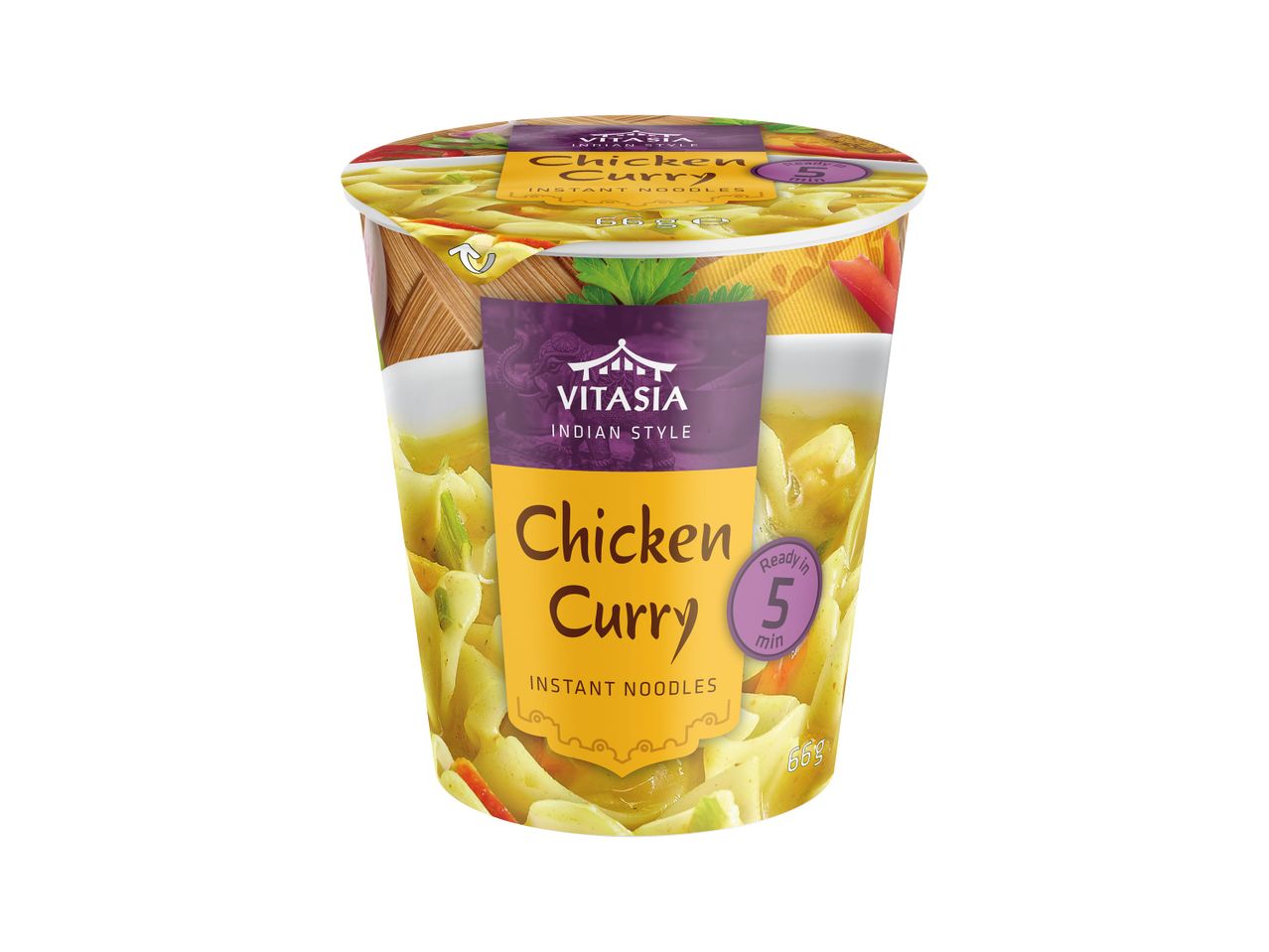 Hrneček s instantními nudlemi Vitasia Chicken Curry s indickým stylem.