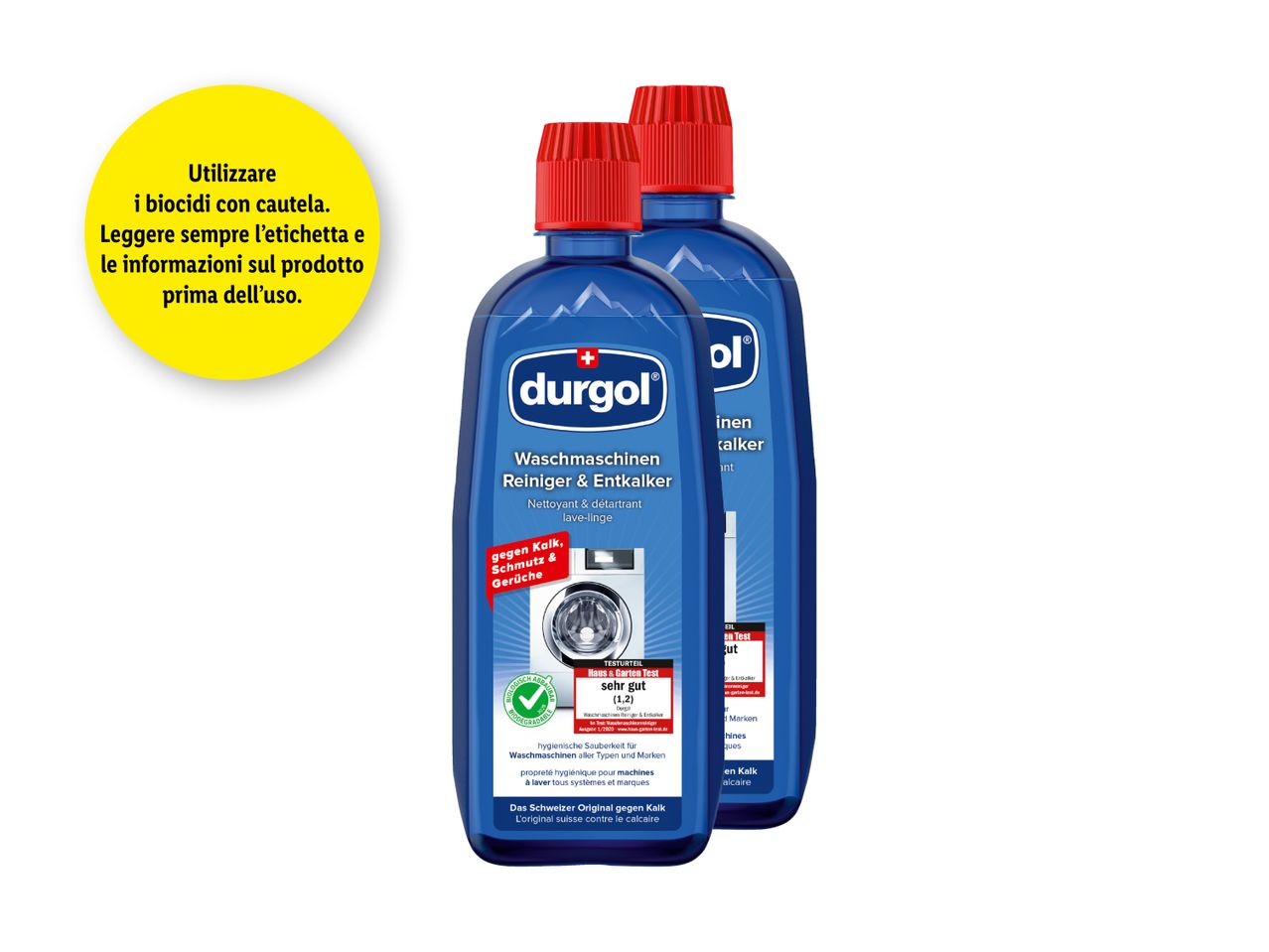 Due flaconi di detergente per lavatrice Durgo.