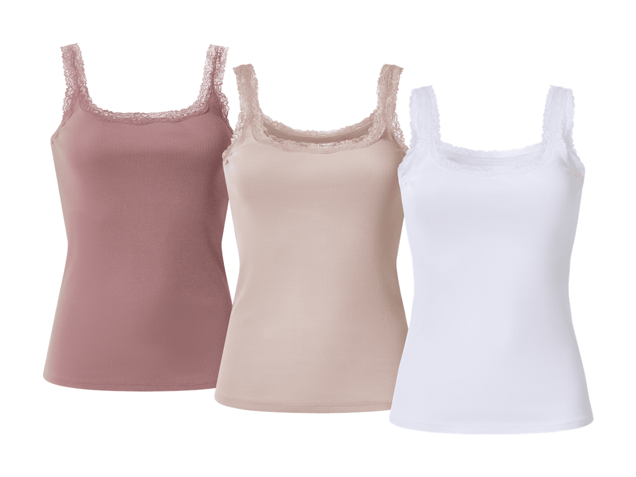 Tre ribstrikkede undertrøjer med blondekant i rosa, beige og hvid.