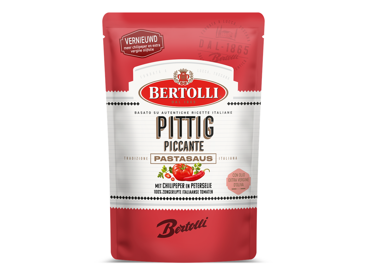 Pittige pastasaus in een rode en witte verpakking met chilipeper en peterselie.