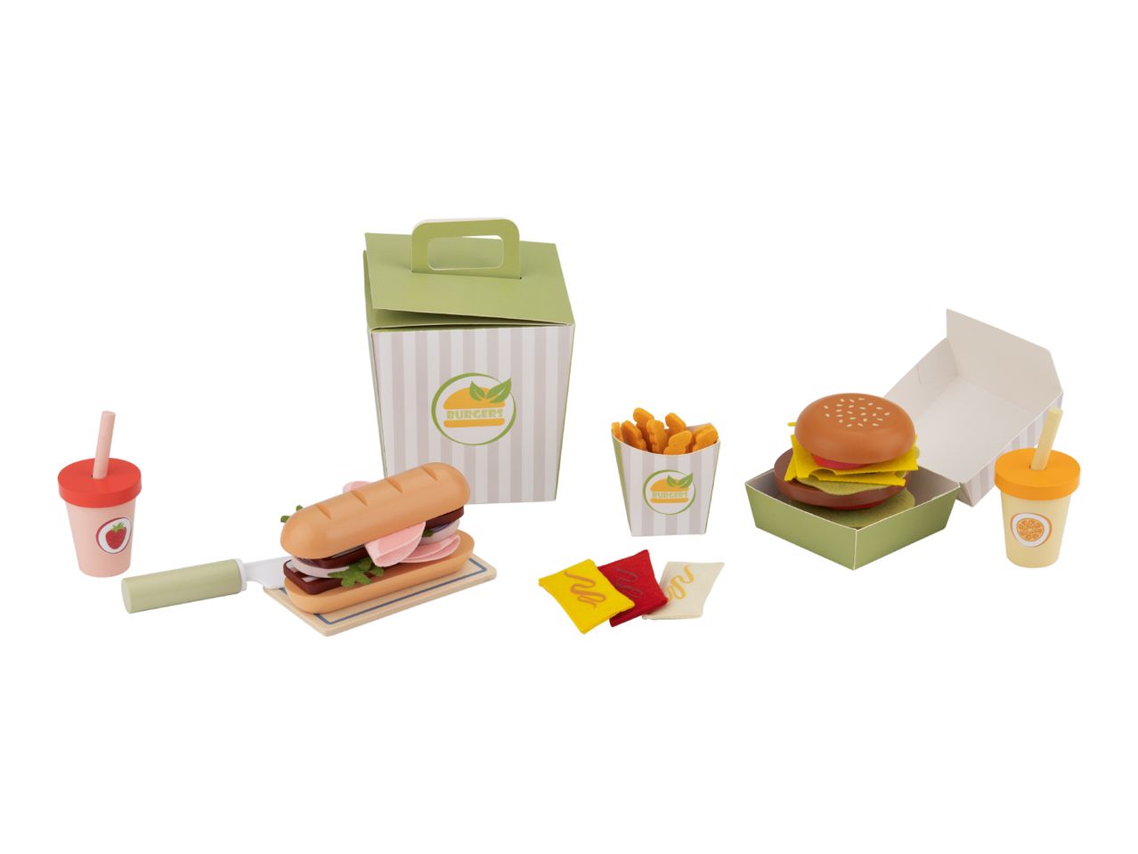 Wooden toy fast food set with burger, fries, sandwich, drinks, and sauce packets.