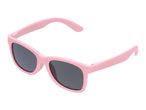 Pink children's sunglasses with dark lenses, angled view.