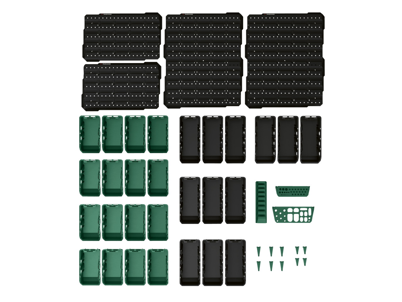 PARKSIDE® šķirošanas un uzglabāšanas komplekts: melni perforēti paneļi, zaļi un melni konteineri, instrumentu turētāji.