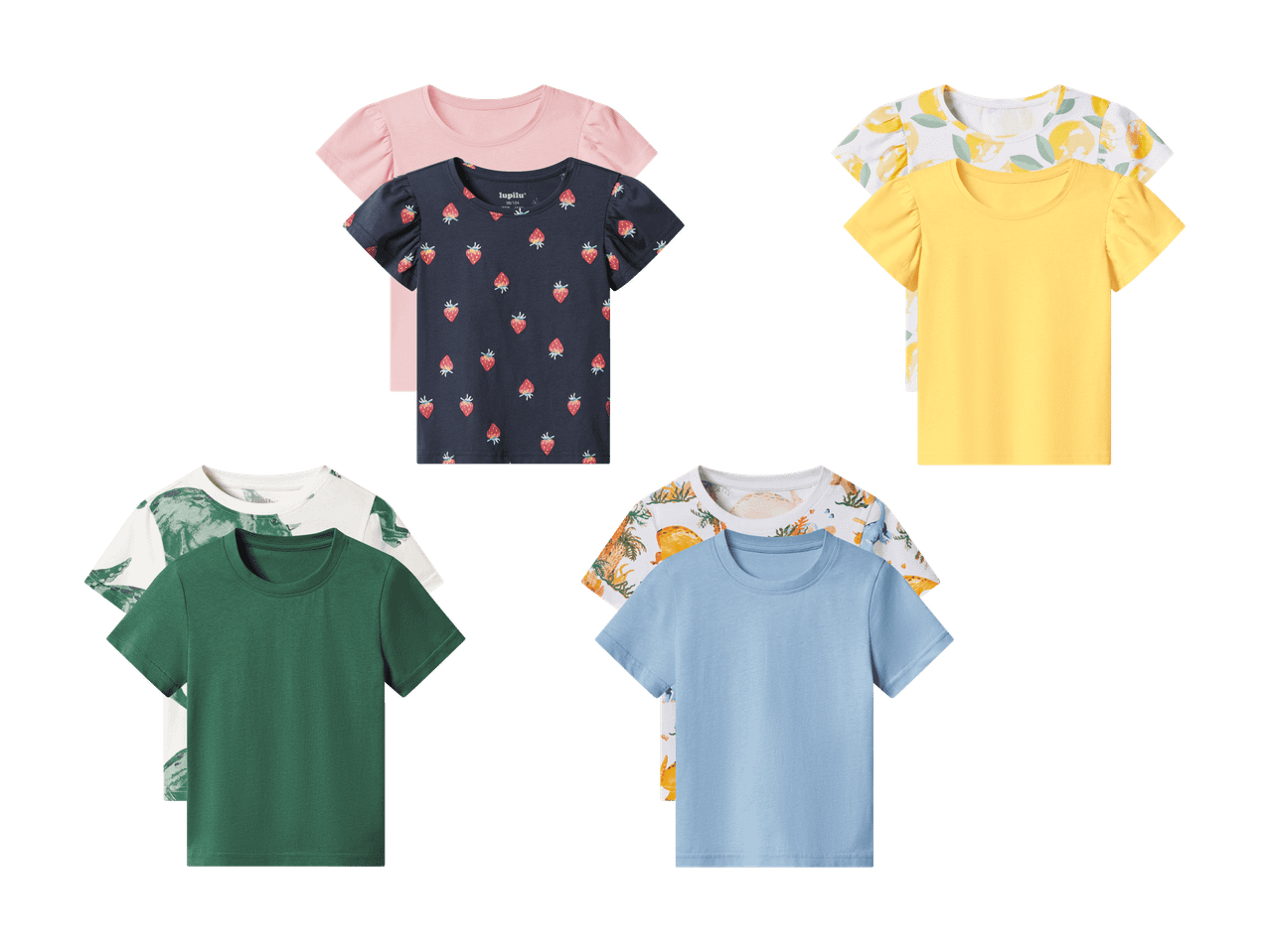 Kinder-T-Shirt-Sets: rosa, dunkelblau mit Erdbeeren, gelb, weiß mit Zitronen, dunkelgrün und hellblau mit Dinosauriern.