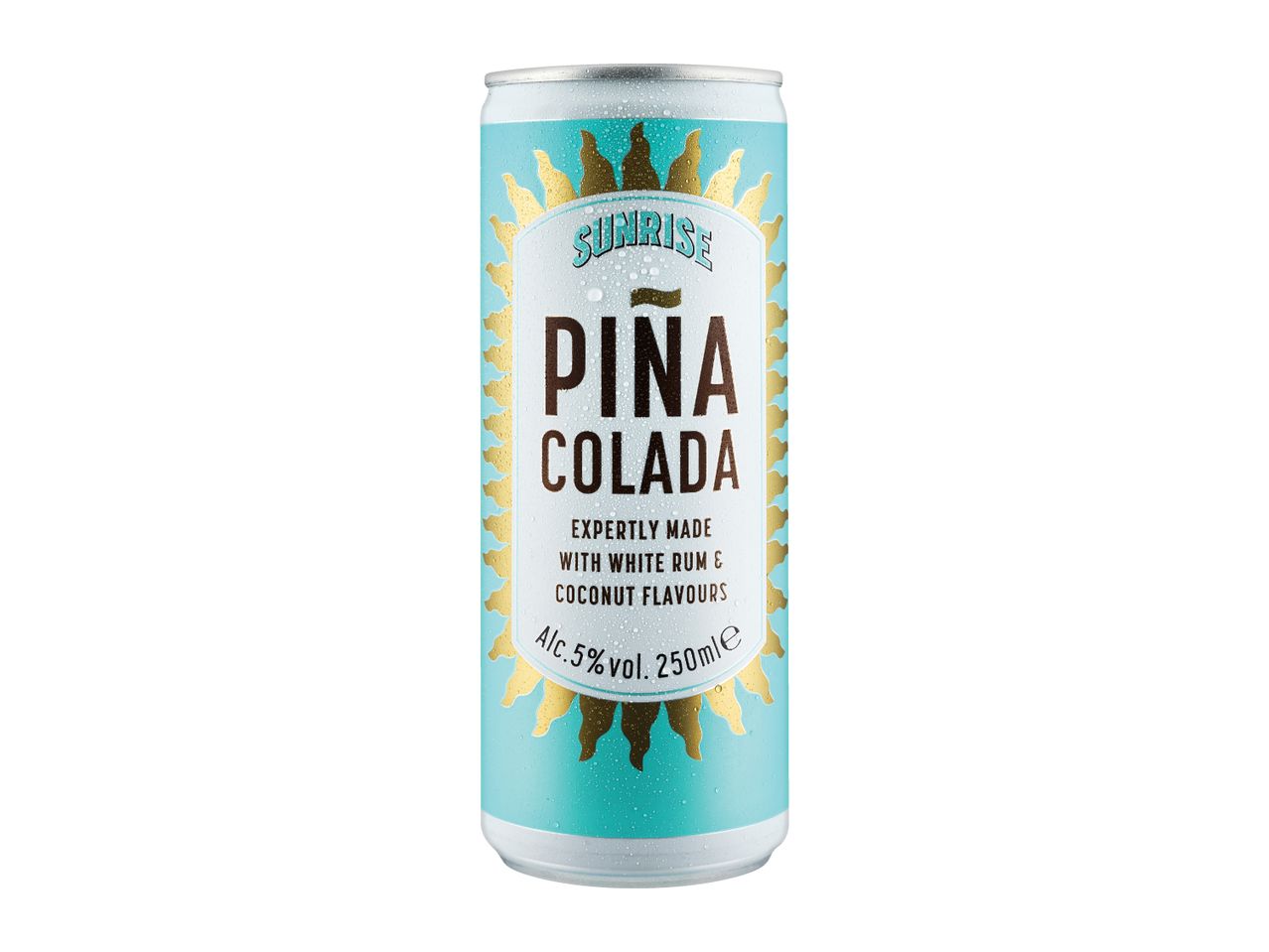 Sunrise Piña Colada canned cocktail, 5% vol., 250ml, with white rum and coconut flavours.