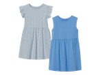 Dvije plave dječje haljine, jedna s točkicama i volanima, druga bez rukava.