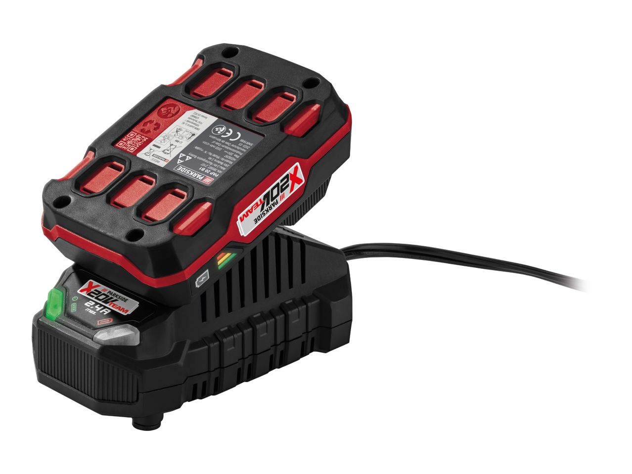 A 20V 2Ah rechargeable battery and 2.4A charger, black and red, on a white background.