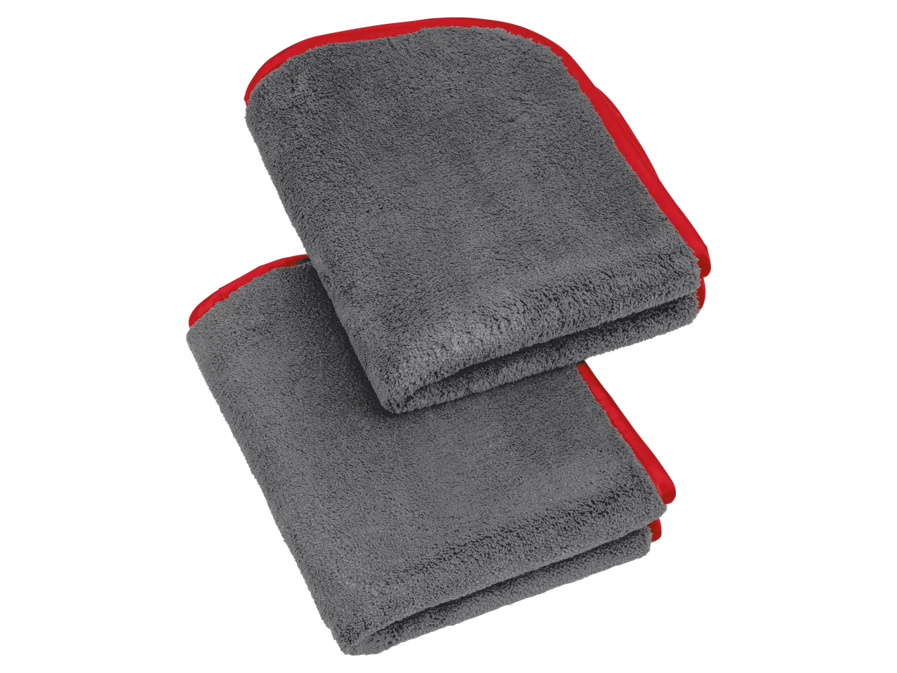 Două prosoape gri din microfibră cu margini roșii, împăturite.