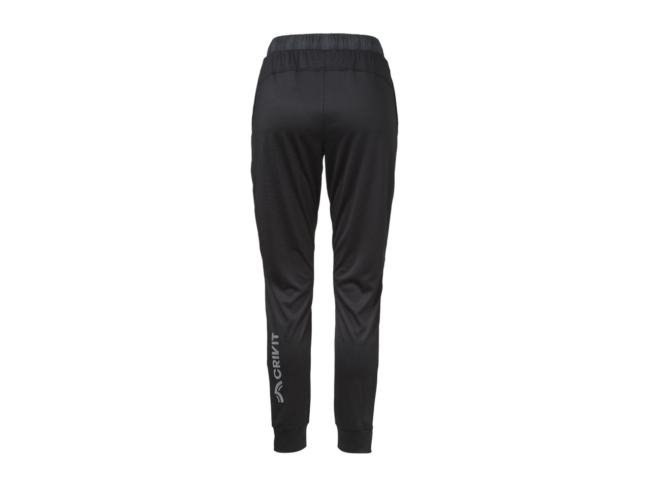Black athletic trousers with a grey elastic waistband and a grey logo on the left leg.