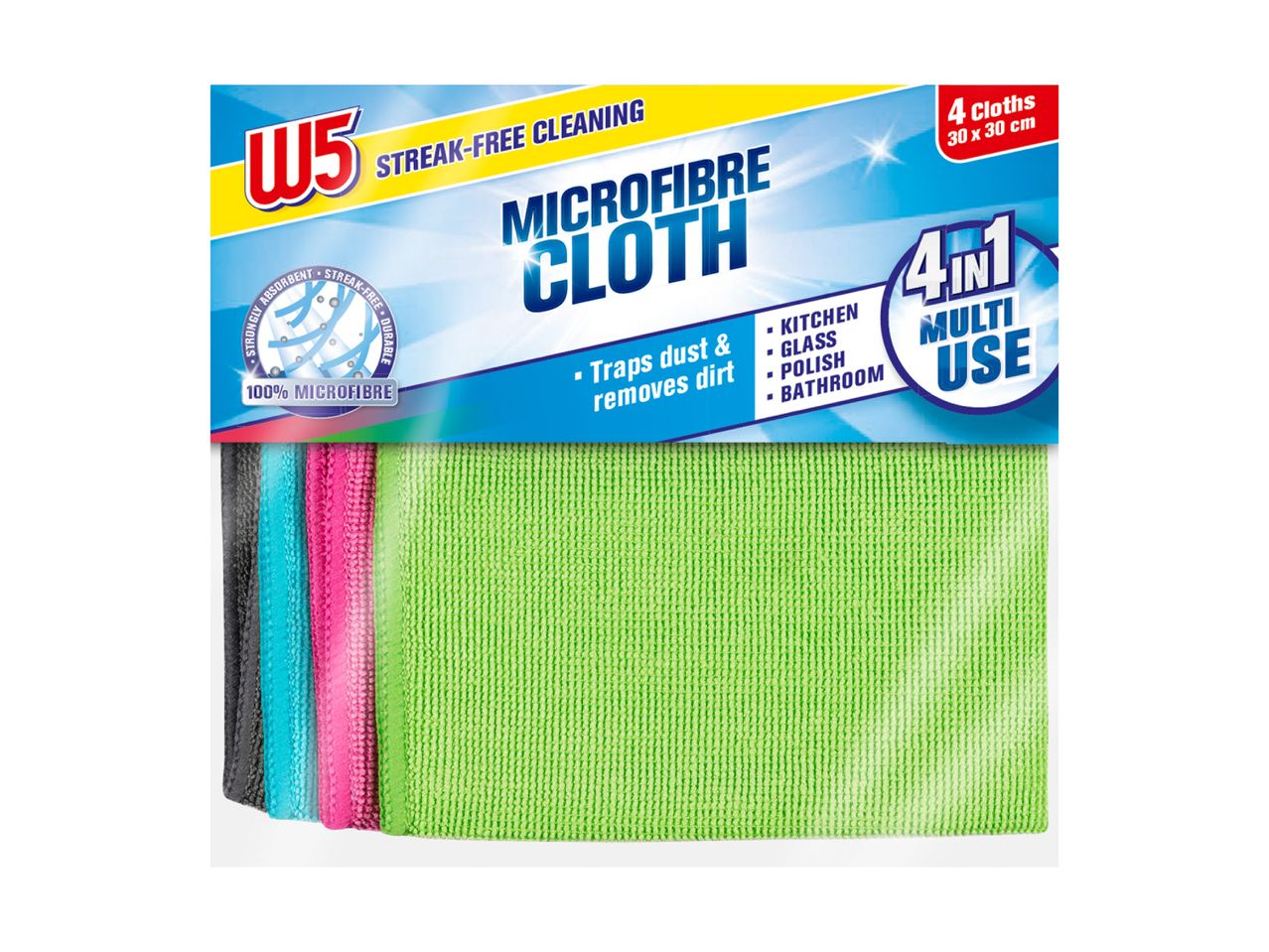 Microfibre cloths for streak-free cleaning, 4-pack, multi-use for kitchen, glass, polish, bathroom.