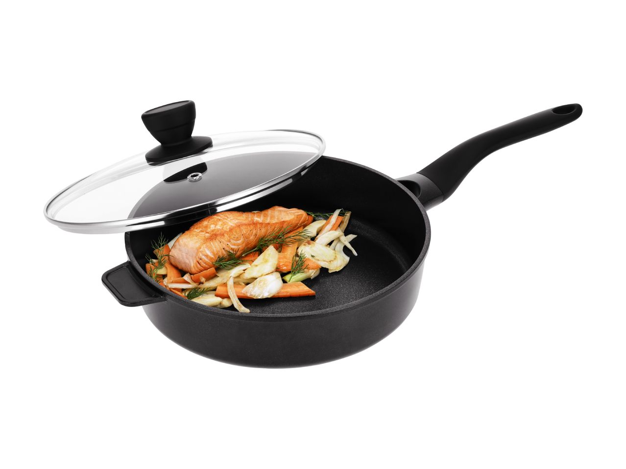 Black frying pan with a glass lid, containing cooked salmon and vegetables.